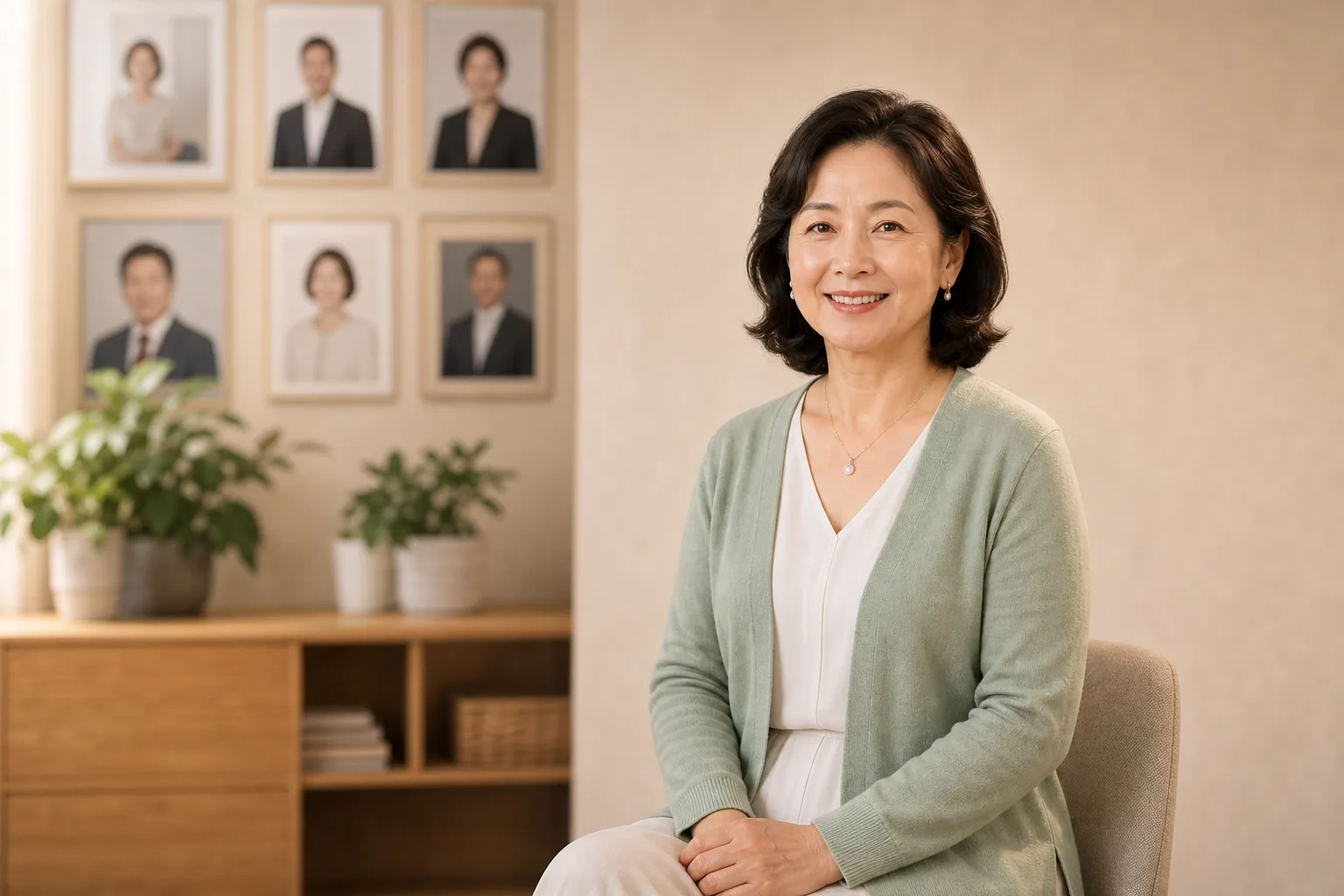 一位50+女士面带微笑坐在家中